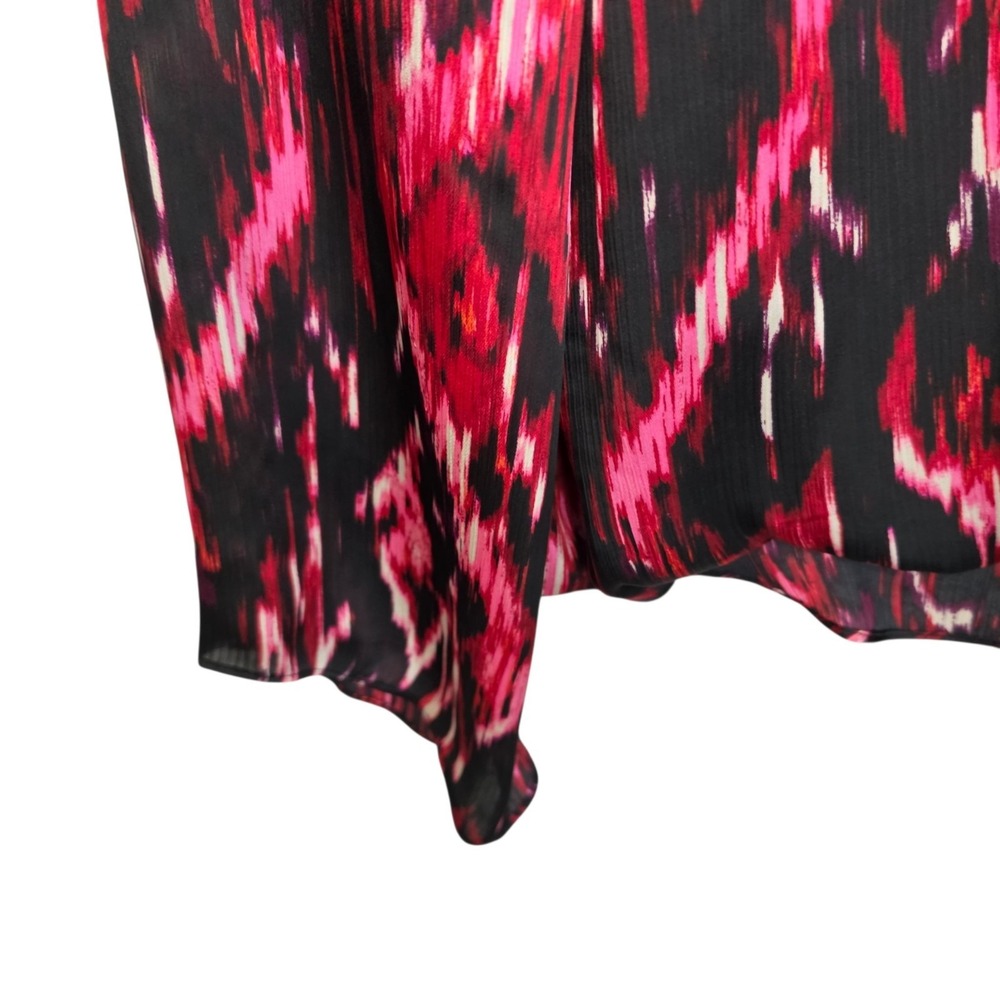 Vince Camuto Blouse M Pink Black Ikat Draped V Neck Long Sleeve Wrap Front Top - Picture 3 of 8